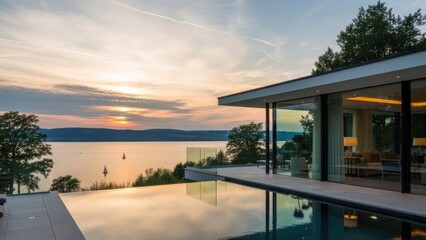 Fototapeta premium Luxury lakeside villa with infinity pool reflecting the sunset and scenic landscape