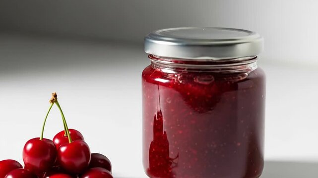 Fresh cherry jam jar with whole cherries on white surface under changing light