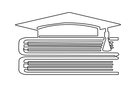 Continuous cap one line art drawing of graduation hat with diploma with ribbon concept outline vector. Hand drawn one line vector. Editable stroke