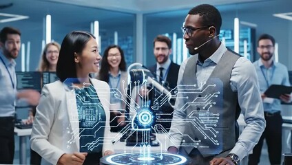 Diverse Team Collaborates on Futuristic Technology Hologram in Modern Laboratory - Powered by Adobe