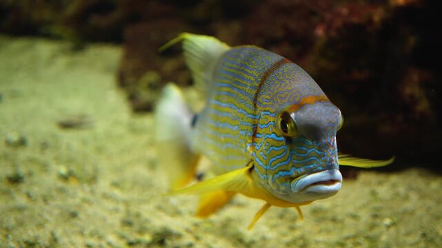 Close up of a yellow and turquoise sail fin snapper swimming around  a coral reef underwater.