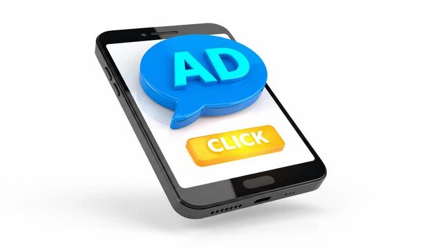 3d rendering of a smartphone displaying an advertisement bubble with the word ad and a clickable orange button with the word click isolated on white background
