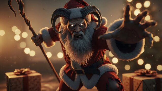 Scary Krampus character as evil Santa Claus with glowing eyes and horns. Dark holiday creature for horror Christmas and Halloween concepts. - Powered by Adobe