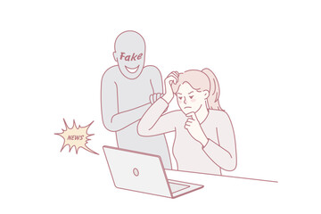 Confused woman looking at computer screen reading fake news online. Frustrated female use laptop worried about notification on web. Propaganda and media manipulation.