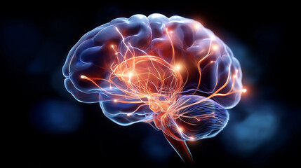 Brain illustration rendering, three-dimensional human visual, neural structure display, cognitive anatomy model, medical education concept, mental health imagery, cerebral tissue r