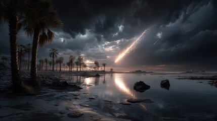 Dramatic Supermoon meteor storm over stormy beach with palm trees and dark skies