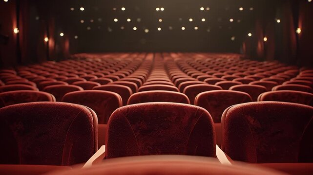 Cinema Experience Rows of Red Velvet Seats and Dim Lighting, Awaits Your Movie Night Delight in the Theater