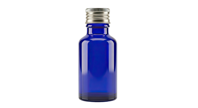 Cobalt Blue Glass Bottle with Shiny Silver Screw Cap Isolated on White Background