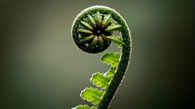 Unfurling green fern plant gradually opens its scroll with shiny leaves and stem. Nature biology and growth video.