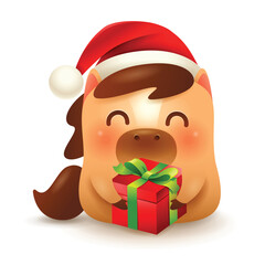 Cute Little Cartoon Horse. Christmas Santa’s Red Cap and Gift. Happy New Year