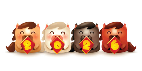 Group of Cute Little Cartoon Horses. 2026 Sign