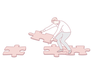 Man connecting jigsaw puzzle pieces making way or road to walk. Male find solution solving problem answering question. Flat vector illustration.
