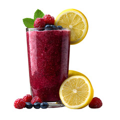 Vibrant Berry Smoothie with Fresh Lemon Slices on White Background