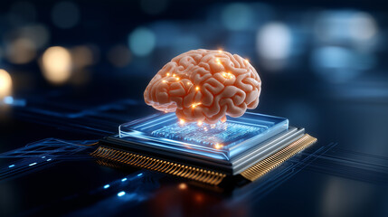 Brain atop computer chip, three-dimensional model, artificial intelligence concept, neural technology integration, cognitive computing display, medical innovation visual, digital h