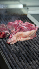 Grilled beef steak served on a plate at an elegant restaurant with side dishes
