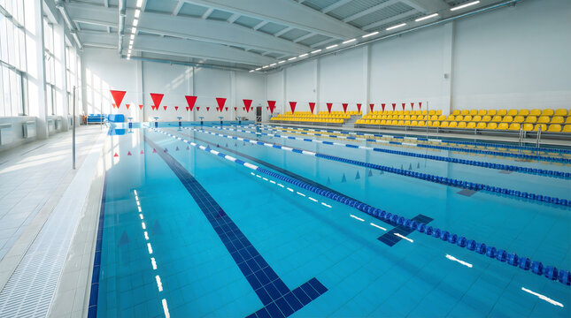 Empty indoor Olympic swimming pool with clear blue water, swim lanes and starting blocks in modern sports arena.