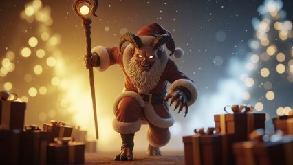 Krampus in Santa suit with glowing eyes and staff amidst Christmas presents and snowy background with bokeh lights for holiday horror.
