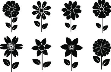 Assorted black and white floral illustrations on white background