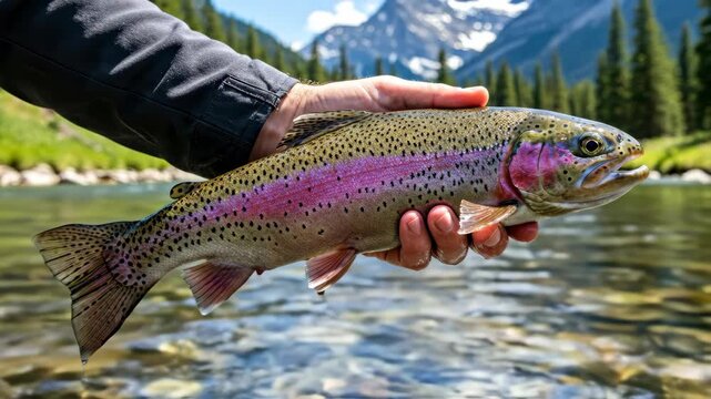 A man holding a rainbow trout fish over mountain river in a catch and release fishing concept footage