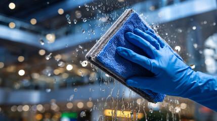Blue-gloved hand pressing a squeegee firmly against a large glass pane, water droplets sliding downward, sharp reflections of office lights visible in the clean section