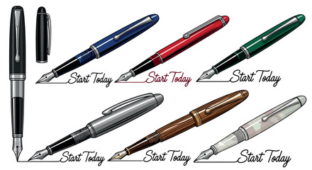 Various fountain pens collection with transparent background