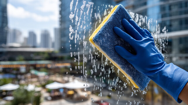 Man cleaning corporate office window with a squeegee, gloved hand removing soapy foam to reveal a bright, minimalistic workspace behind the glass