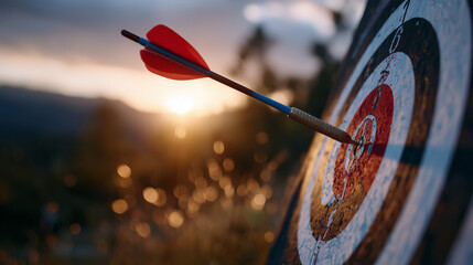 Golden-hour archery success, arrow striking center with absolute accuracy, soft glowing sky reinforcing themes of triumph and focus