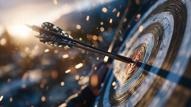 Arrow splits the middle of the target at sunset, glowing dust particles in air, dramatic lighting highlighting accuracy and determination