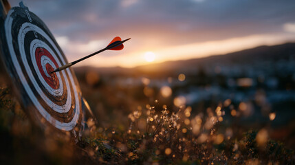 Low-angle view of arrow in bullseye, target standing tall in field, cinematic sunset light casting warm highlights symbolizing precision
