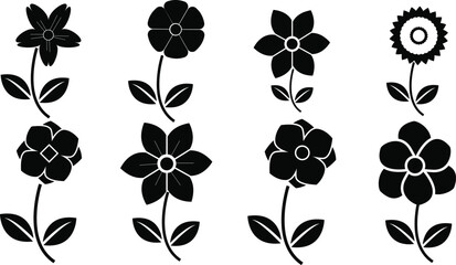 Collection of simple flower silhouettes with stems and leaves