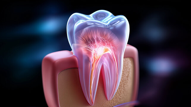 Human tooth anatomy, three-dimensional rendering, dental structure display, oral health visualization, enamel dentin detail, stomatology education tool, clinical dental concept , w