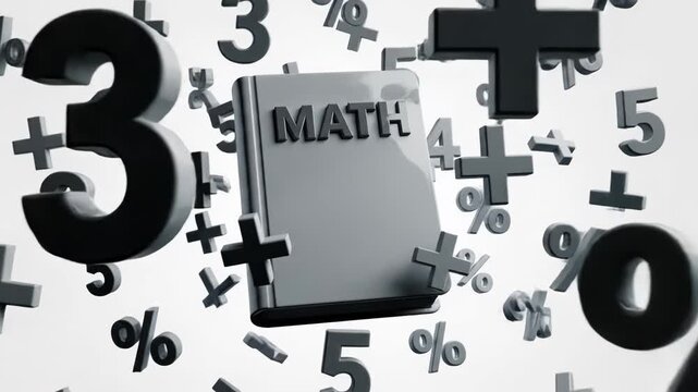 Abstract 3d rendering of math symbol explosion with numbers and percentage signs floating around a central object isolated on white background