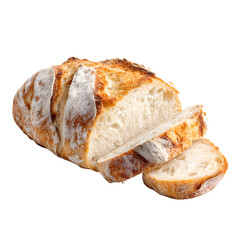 Freshly Baked Artisan Crusty Bread Loaf Sliced on White Background