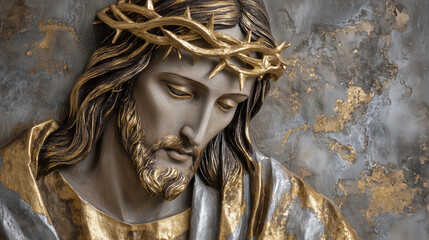Obraz premium A sophisticated gold-painted mural of Jesus, with gently raised surfaces creating a subtle bas-relief effect, blending classical reverence with luxurious modern design elements