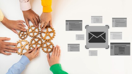 Obraz premium Diverse hands work together with gears and email symbols, symbolizing teamwork and communication in a modern work environment. Collaboration drives success. Raster