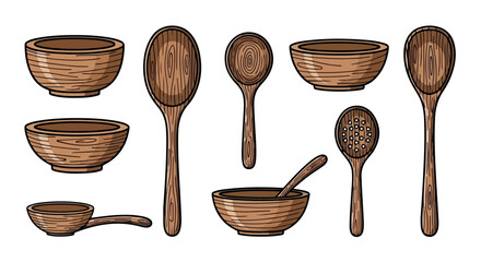 Wooden spoons and bowls set with transparent background