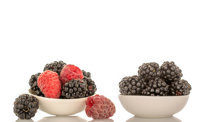 Sweet raspberries and blackberries isolated on white background, macro.