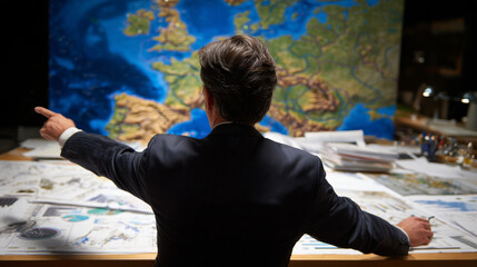 Back shot of a diplomatic figure pointing at a color-coded geopolitical map of Europe, documents, charts, and negotiation tools spread across a strategic planning table