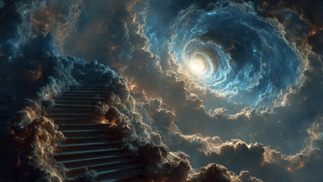 Stairway Leading into Ethereal Clouds and Vortex with Mystical Atmosphere in Dreamlike Heavenly Realm