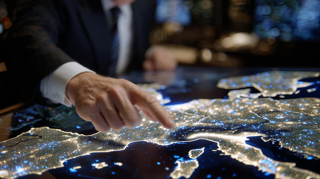 Rear angle of a statesperson pointing at crisis-marked zones on a glowing 3D map of Europe, soft office lighting creating a dramatic atmosphere of urgent negotiation