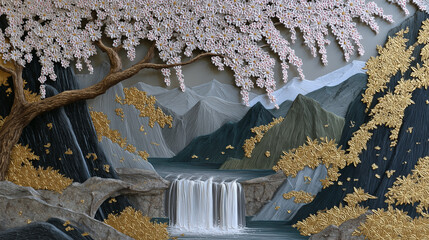 Volumetric stucco relief featuring a peaceful Japanese waterfall descending through sculpted cliffs, framed by majestic mountains and delicate golden sakura blossoms gently scatter