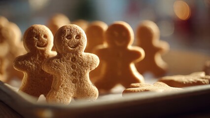 Festive Gingerbread Cookies on Baking Sheet with Holiday Decorations and Warm Lighting for a Cozy Christmas Atmosphere