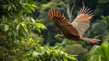 Rufous vented chachalaca soaring through the lush green rainforest canopy