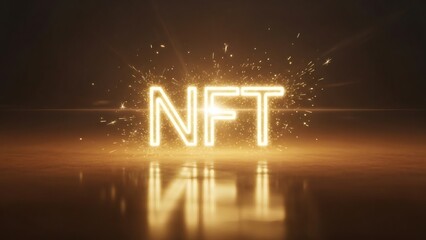 NFT glowing neon letters with sparks on a reflective surface. Non-fungible token concept for digital asset market and cryptocurrency technology.