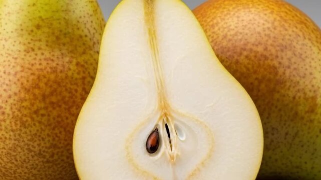 Closeup evolution: fresh pears display texture and juicy interior in three phases