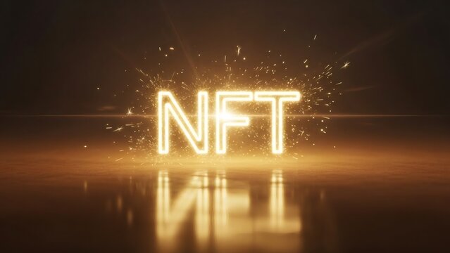 NFT glowing neon letters with sparks on a reflective surface. Non-fungible token concept for digital asset market and cryptocurrency technology.