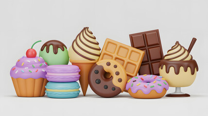 3d rendering of a group of delicious sweets including cupcake ice cream donuts chocolate waffle and macarons on white background