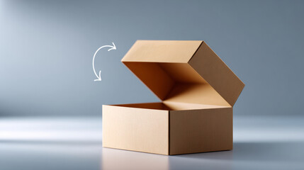 Open cardboard box with lid lifted and white arrow indicating opening motion on smooth reflective surface with soft gradient background