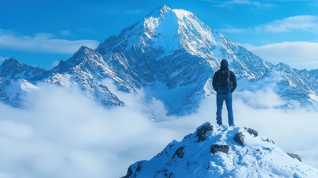 Hiker Contemplates Snowy Peak, Mountain Range, Clouds