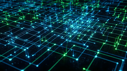 Futuristic Abstract Circuit Board Background with Glowing Data Grid, Lines, and Network Connections